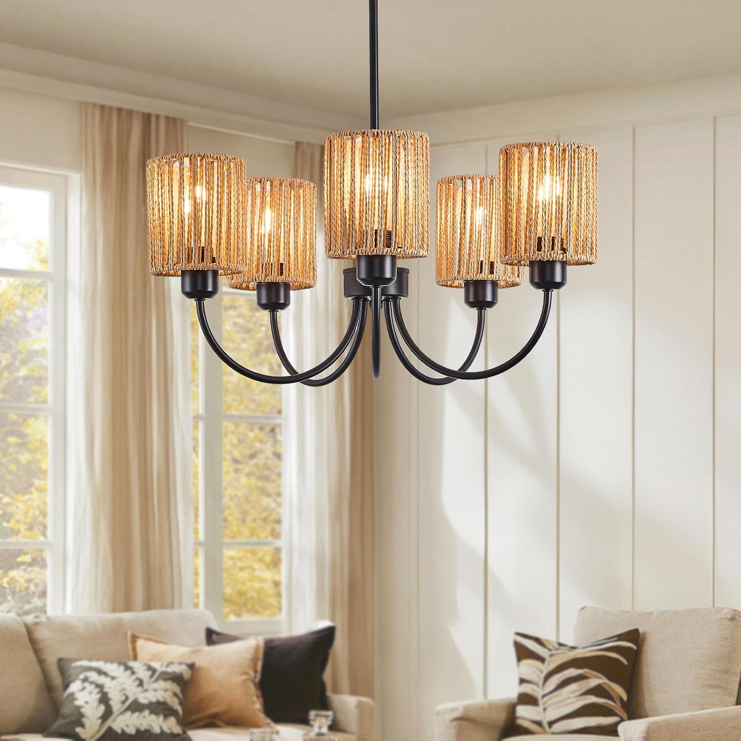 22” Black Farmhouse Chandelier - 5 Light Rattan Pendant Light for Kitchen Island & Dining Room - Adjustable Height E26