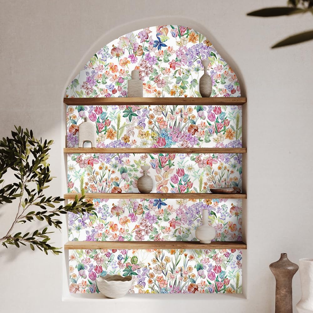 17.5"x118" Boho Colorful Flowers Wallpaper 3D Spring Wild Flower Wallpaper Self Adhesive Watercolor Lily Tulip Floral Green Leaves Contact Paper Murals for Bedroom Living Room TV Sofa Background Home