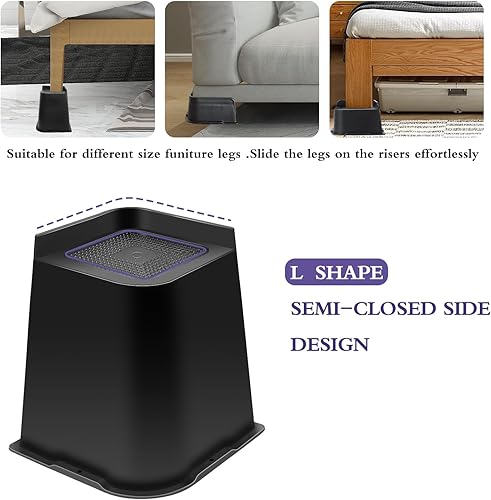 Miniatura 3 de Sunifier Elevadores de cama de 8 pulgadas, resistentes, paquete de 4 elevadores en forma de L de 8 pulgadas, soporta 5000 libras, elevadores de gran