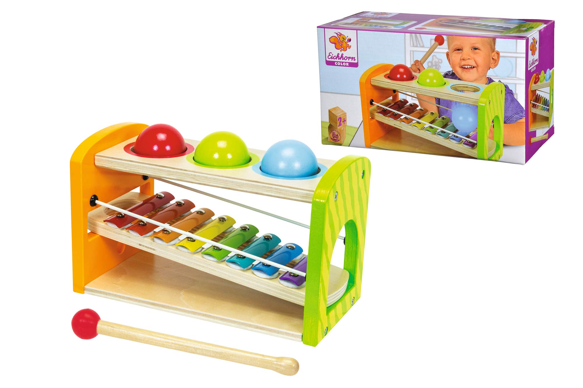 Eichhorn buntes Spielcenter, Motorikwürfel mit Motorikschleife, Uhr, Motorikspiel, Größe: 20x20x36 cm & Xylophon Klopfbank, enthält: Klöppel, 8X Noten, 3X Kugeln, 6-TLG., Birkenholz, 12,5x25x14cm