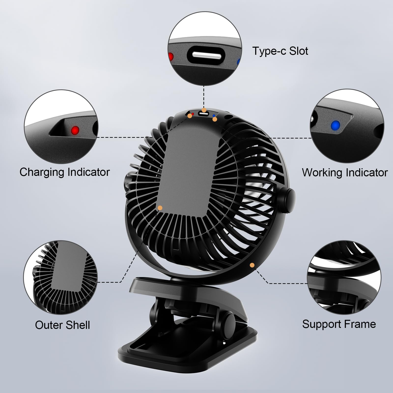 USB Ventilador Silencioso, Mini Ventilador Portatil, Pequeño de Mesa Bateria Recargable, Ventiladores Sobremesa Pinza Potente para Dormir Coche Carrito Bebe Camping Autocaravana