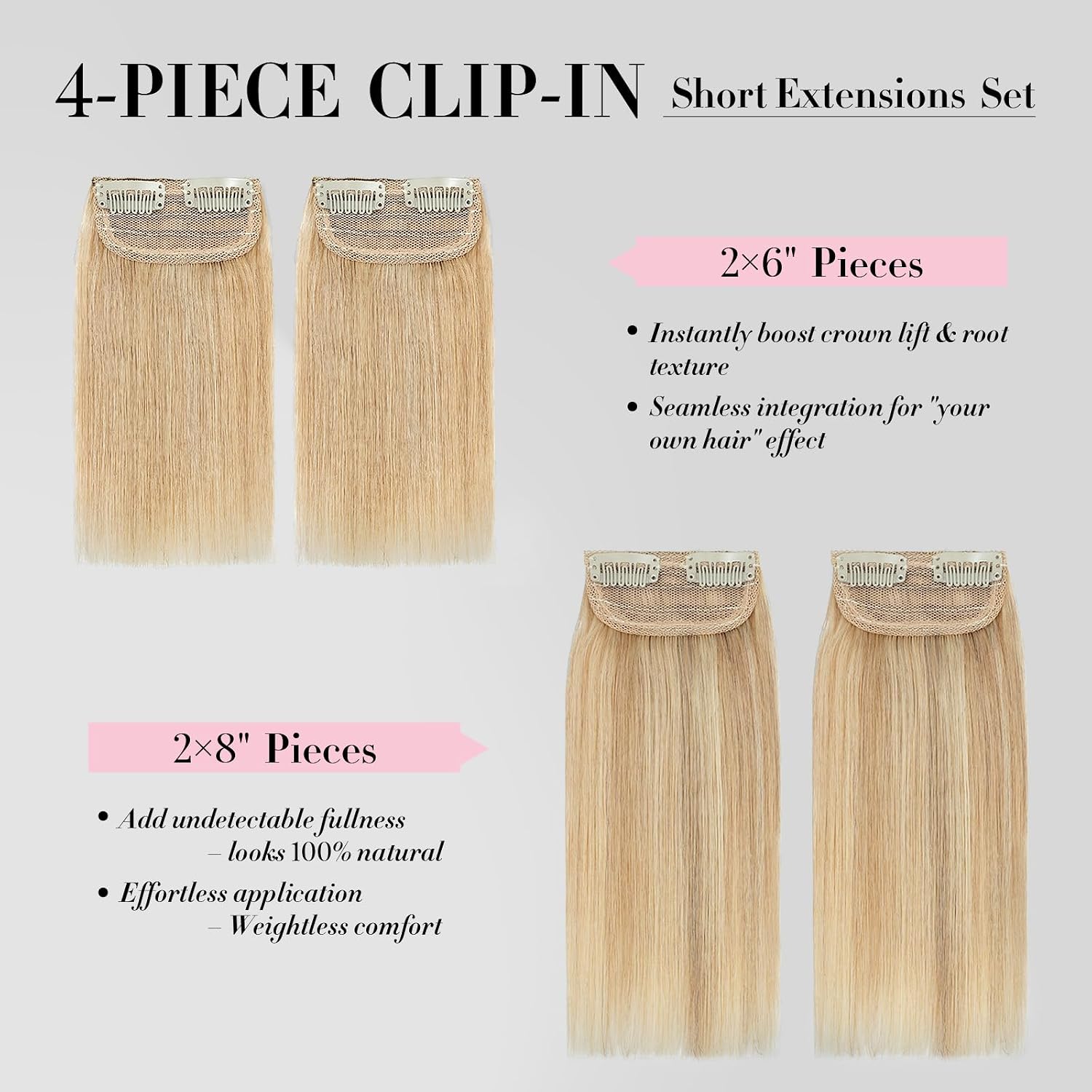Clip in Short Hair Extensions Real Human Hair,Prokyvity Invisible Human Hair Clip in Extensions Short,8inch/2 pieces Mini Extensions for volume or highlight, Gold Blonde Mixed Bleach Blonde