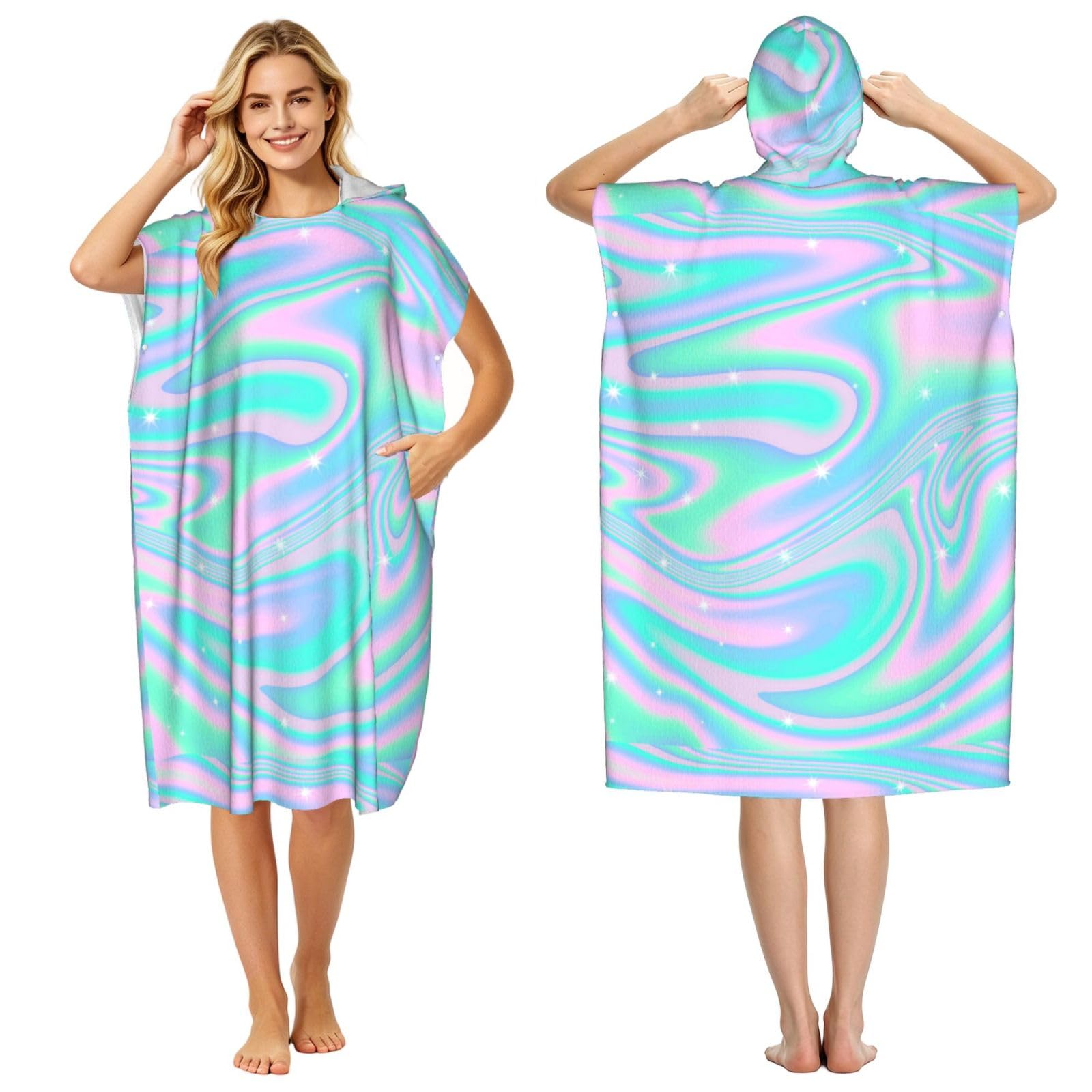 Poadnly Holographic Abstract Background In Pastel Neon, Adult Hooded Beach Towel 90 x 110 cm,Changing Bath Robe, Surf Poncho Towel For Women Men