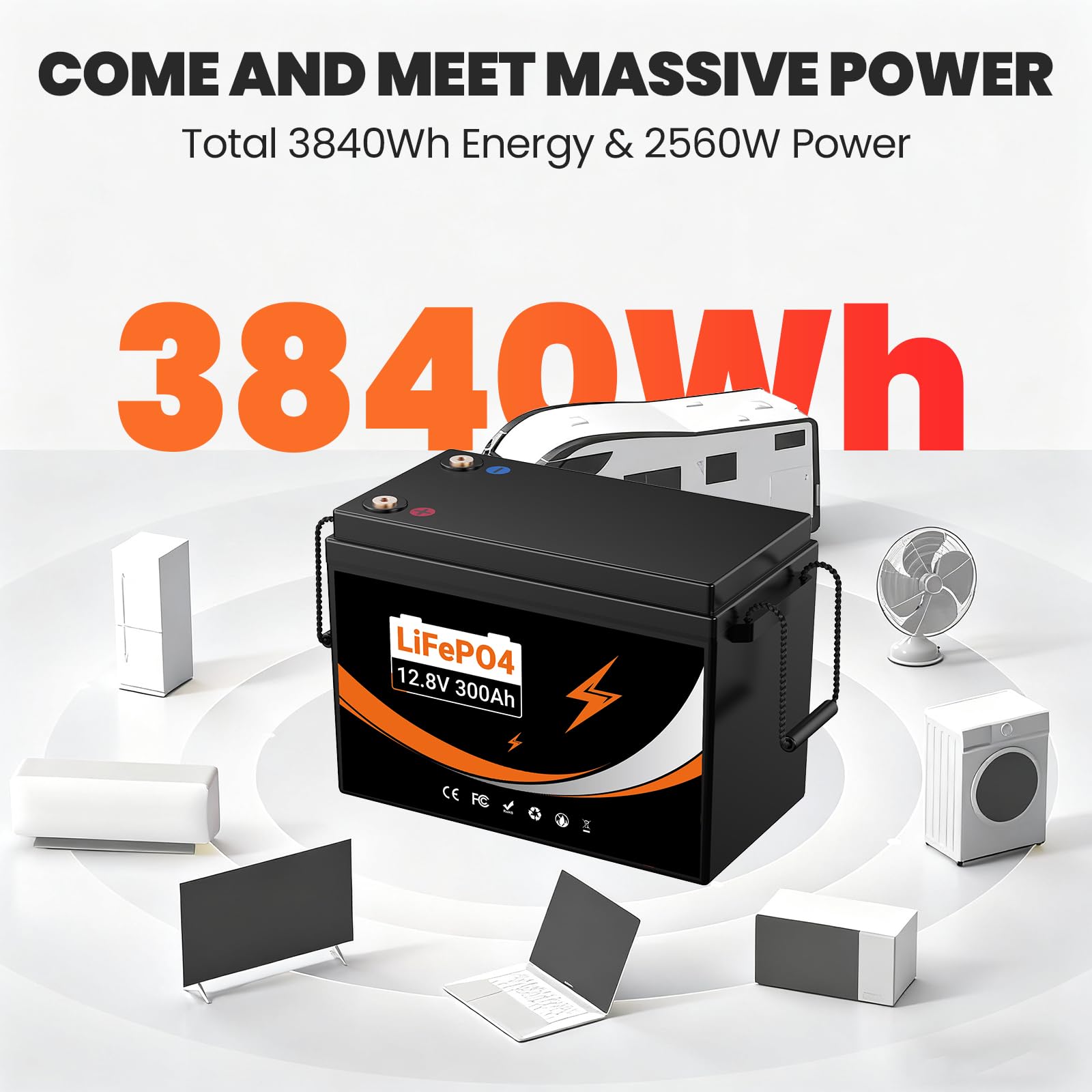 LiFePO4 300Ah 12V Batteria integrato da 200A BMS - batteria da15000 cicli, max.3840Wh di potenza di carica - per camperistiche solari marine di trasporto terrestre (12V 300Ah Lifepo4 Up to 2000W)