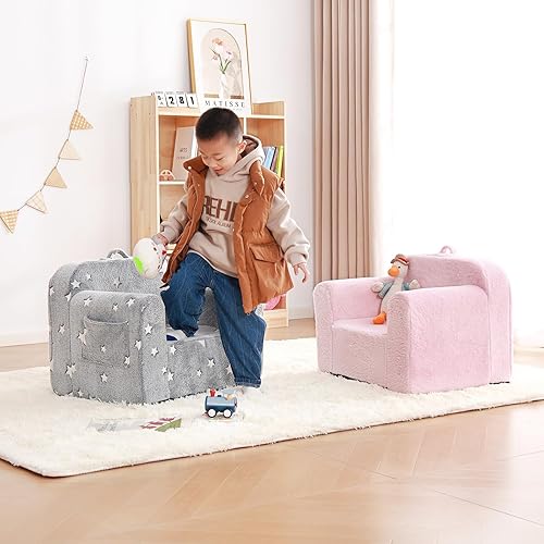 Miniatura 7 de Givjoy Silla infantil de felpa para niños, cómodo sofá para niños, tumbona para dormitorio, sofá convertible para niñas y niños, silla de lectura