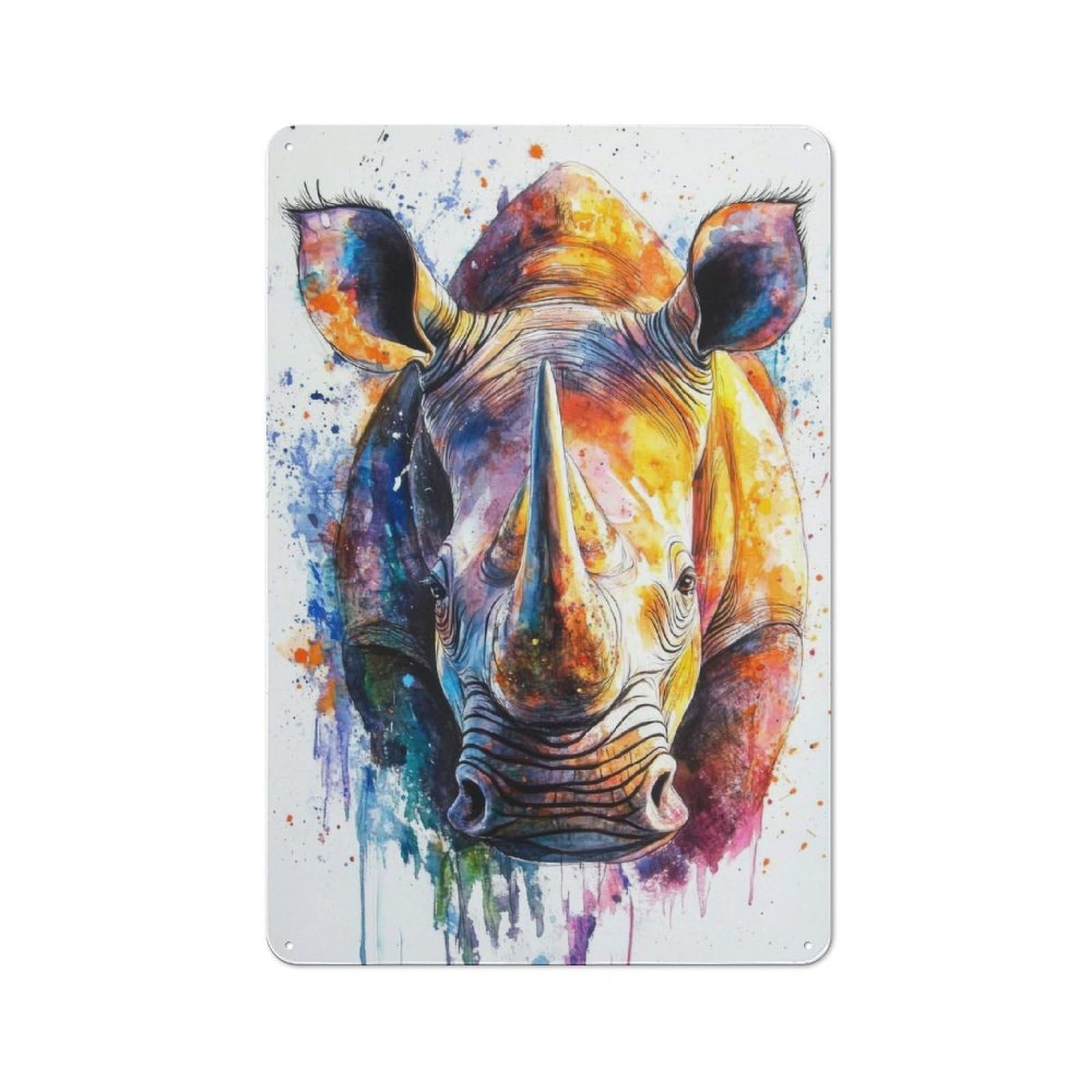 Junmoney Colorful Rhino Watercolor Printed Metal Sign 30X20cm For Man Cave Or Games Room, Suited To Man Cave Decor Fans