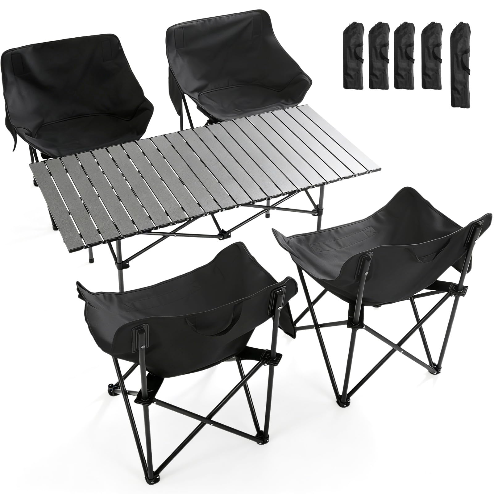 Warmiehomy Garden Table and Chairs Set 4, Camping Table and Chairs, Foldable Camping Table Set, Carbon Steel Folding Table and Chairs with Side Pocket & Carry Bag for Indoor Outdoor BBQ (120cm Table)
