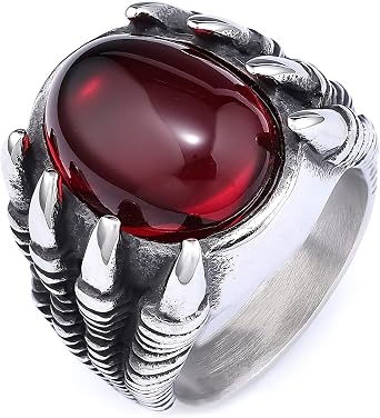 Dragon Claw Ring for Men, Stainless Steel Gothic Black Red Stone Ring, Vintage Punk Biker Jewelry Gift, Size 7-13