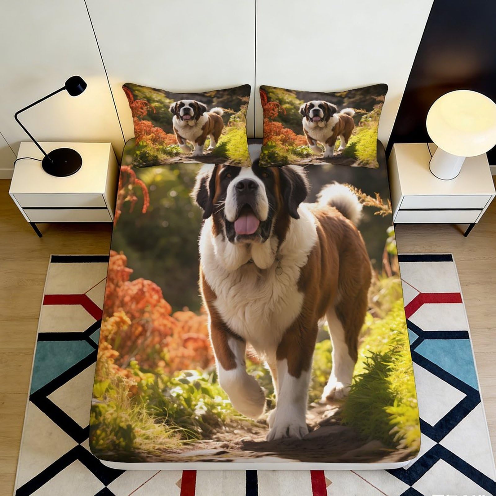 Jwndfkpvxzgl Style-9 3D Printed Saint Bernard Fitted Sheet Microfiber Autumn Forest Bed Cover For Bedroom Guest Room Mattress Protection Decor 90X200x25cm