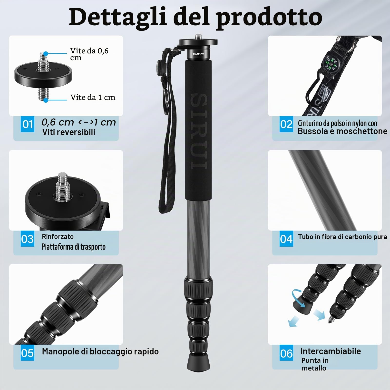 SIRUI Monopiede in fibra di carbonio per fotocamere, monopiede da viaggio compatto e leggero da 65 pollici, 5 sezioni, supporto per telefono incluso, carico fino a 22 libbre/10 kg, AM-MDP01
