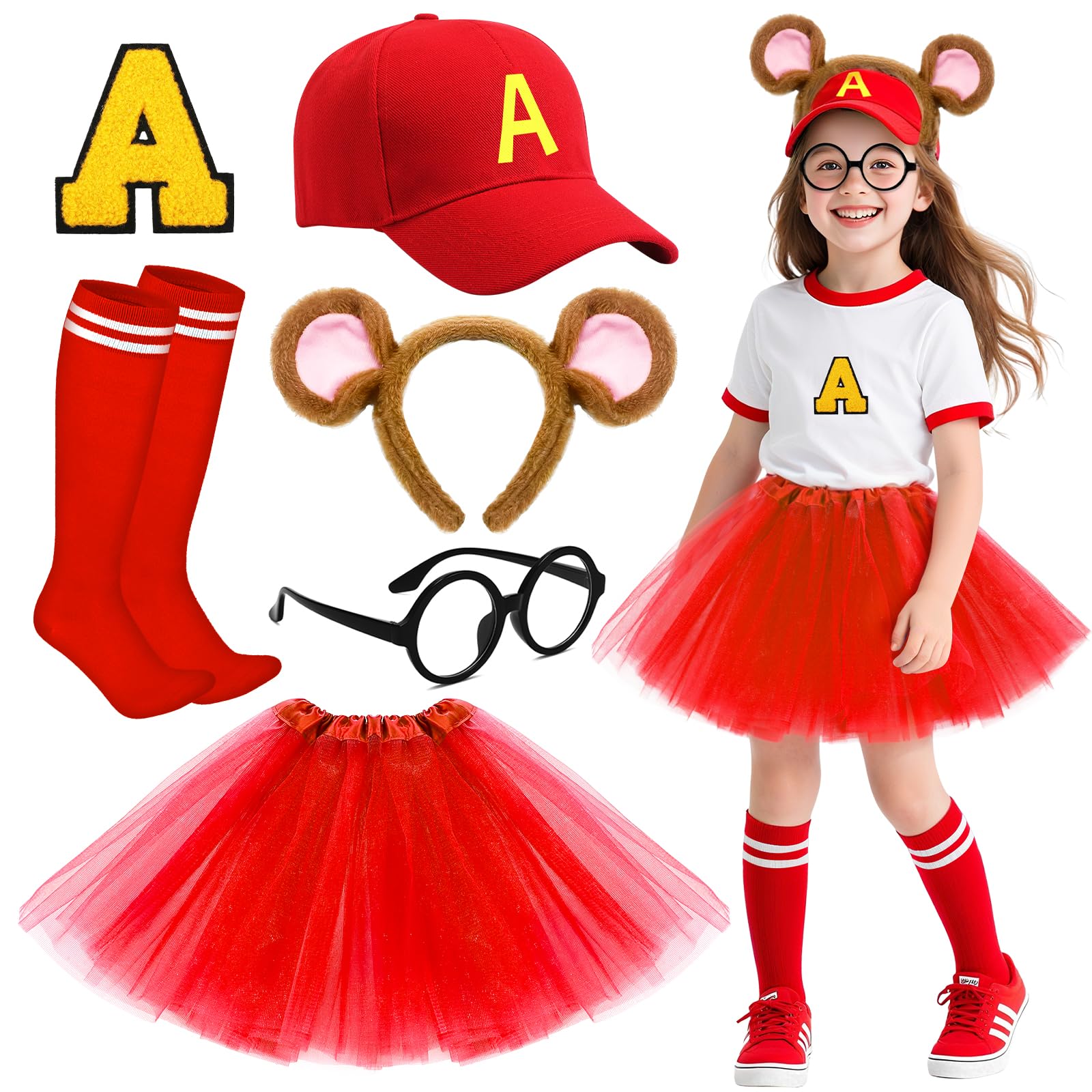 Jokureao 6Pcs Chipmunks Costume Set, Cartoon Chipmunk Outfit with Hat Glasses Headband Skirt Socks Patch