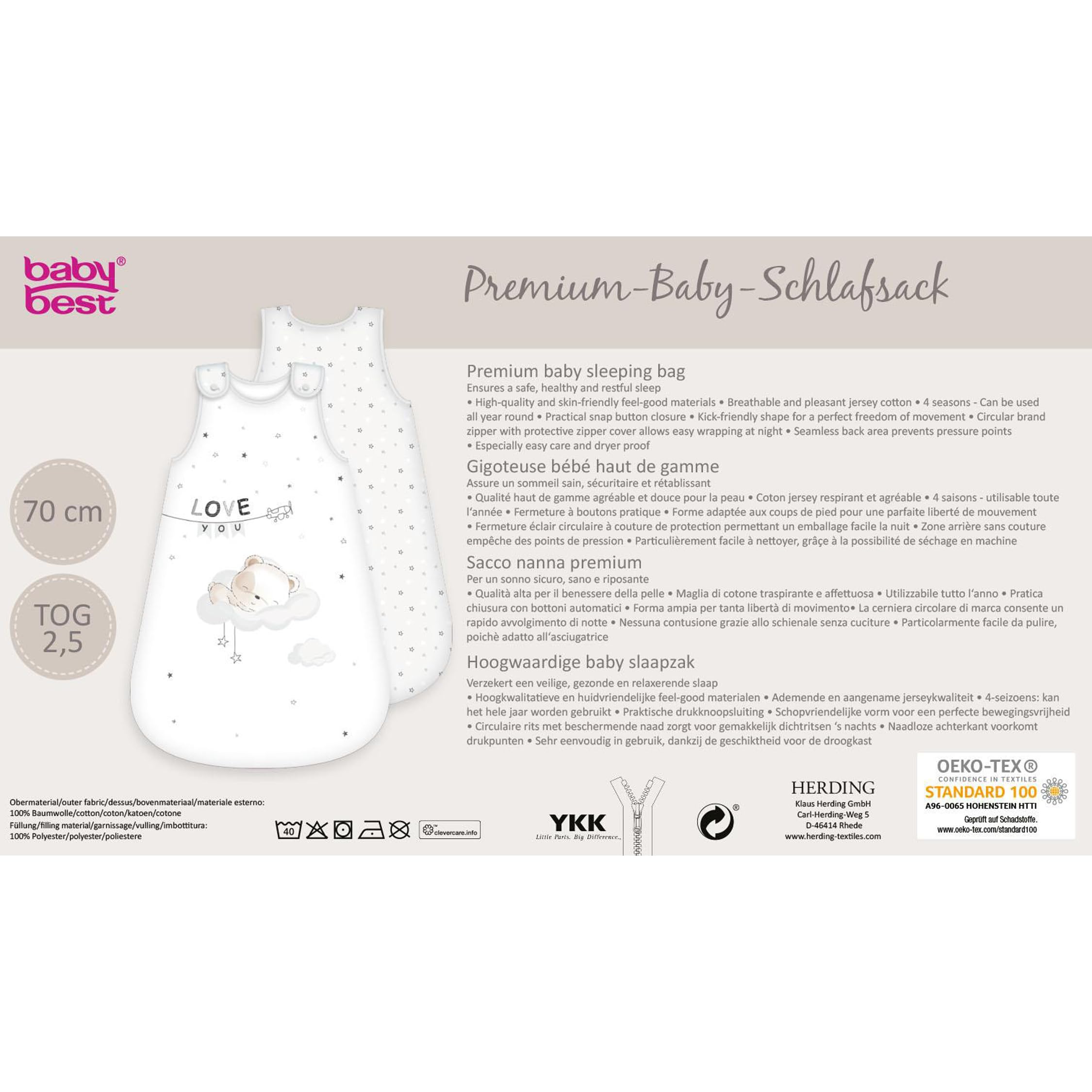 Herding Baby Best Gigoteuse pour Bébé Sleeping Little Bear, motif Ourson, 70 x 45 cm, fermeture éclair sur le pourtour et boutons-pression
