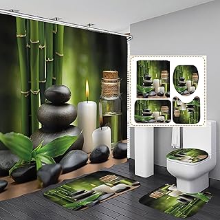 OLEBETY 4PCS/Set Zen Yoga Spa Shower Curtain, Essential oil Basalt Massage Stone Candle Green Bamboo Tranquil Relaxing Spiritual Meditation Bathroom Decor, Non-slip Bath Mat Toilet Rug, Herbal Oil