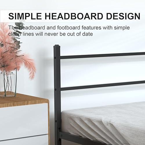 Miniatura 7 de REGOSS Base de cama de metal Queen con cabecero, marco de cama de metal resistente de 11 pulgadas con correa de almacenamiento y antideslizante,