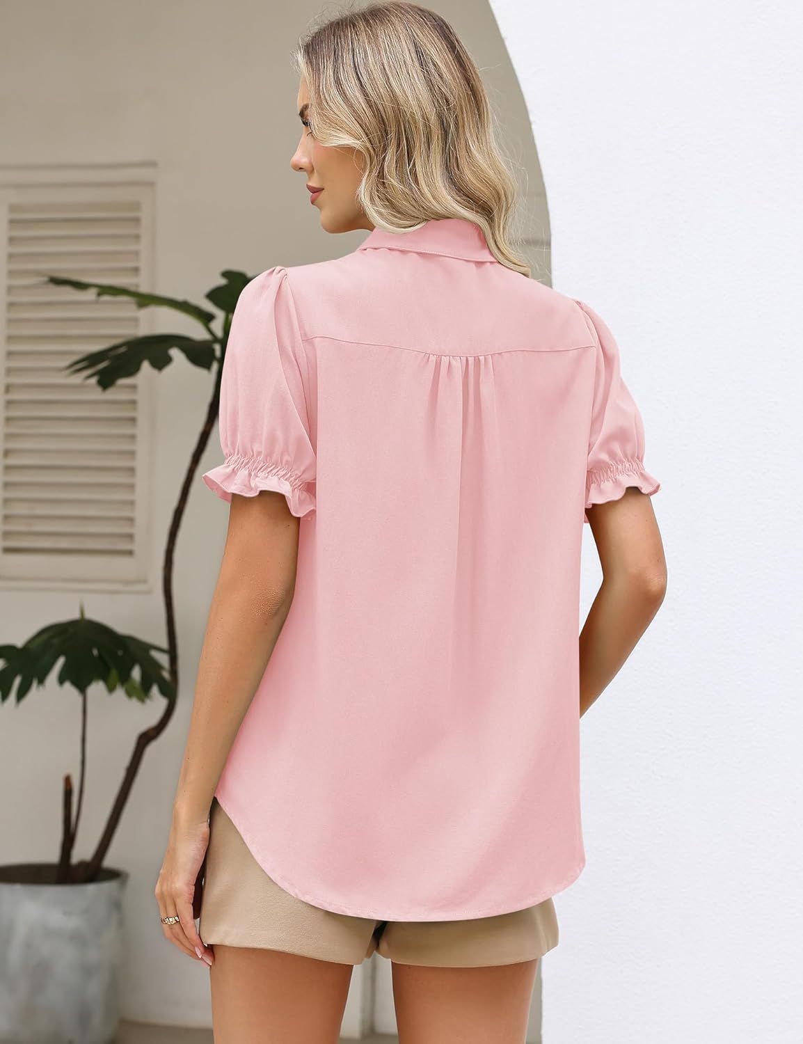 LOMON Women's Cotton Linen Button Down Shirts V Neck Short Puff Sleeve Cute Top Collared Summer Work Blouses Dressy Casual - Image 5