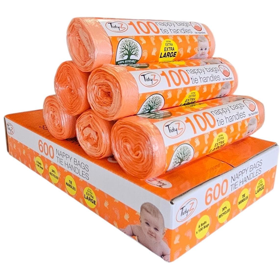 600 TidyZ Extra Large Disposable Nappy Bags. With Tie Handles. Made with a minimum of 30% Recycled Plastic. On a roll for Safety. Suitable for babies nappies, wipes, travel waste. 6 rolls of 100 bags-image-40