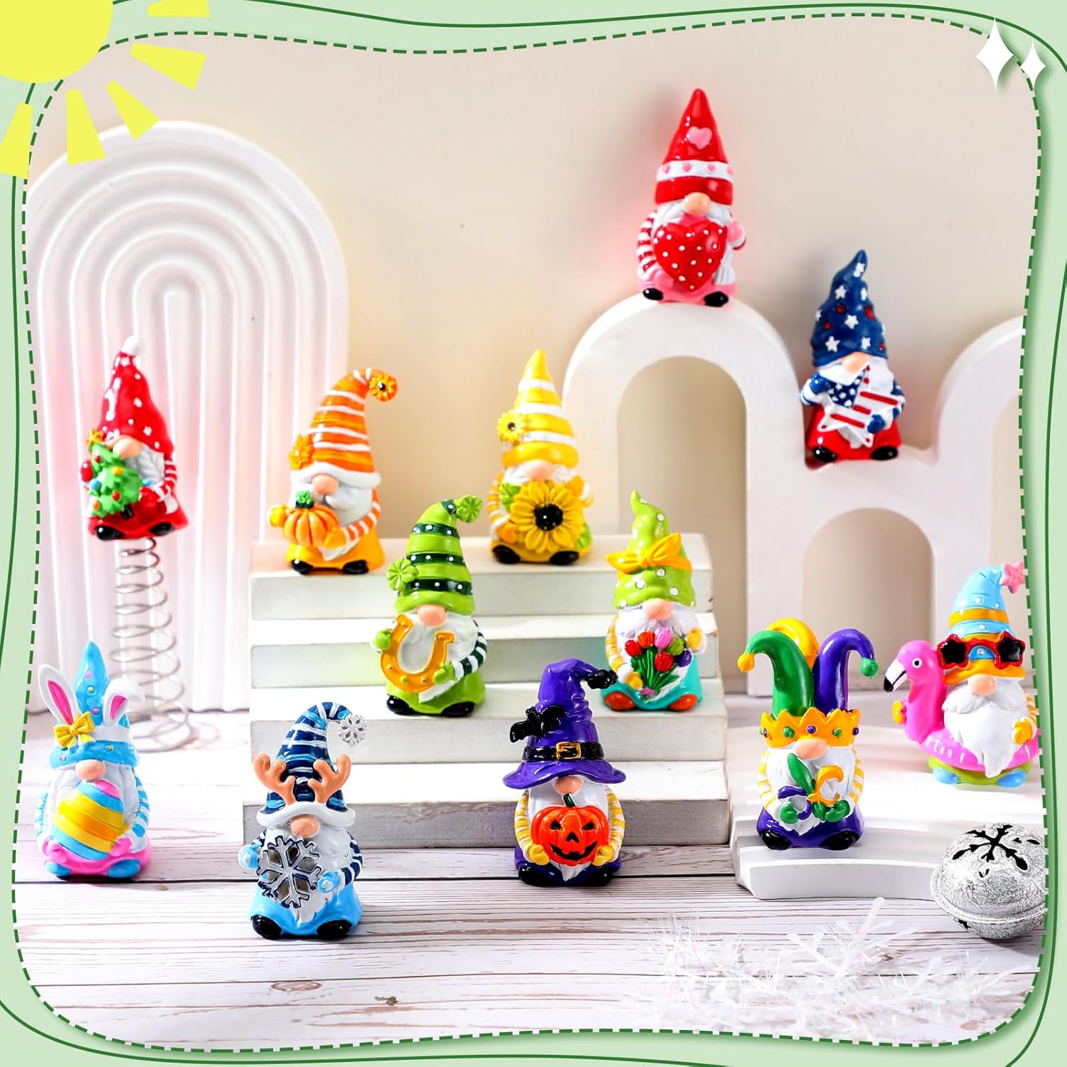 Gejoy 12 Pcs Interchangeable Gnome Mini Tree Topper Halloween Fall Seasonal Resin Gnome Ornaments Christmas Tree Toppers for Year Round Holiday Xmas Gift Party Office Home Decorations,1 Spring