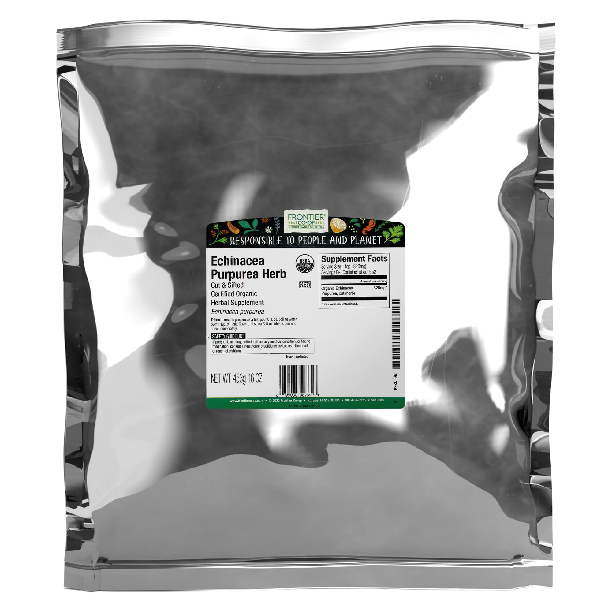 Frontier Organic Echinacea Purpurea Herb, 16 Ounce, Organic Purple Cornflower For Tea, Soup, Lemongrass, Mildly Minty, Kosher