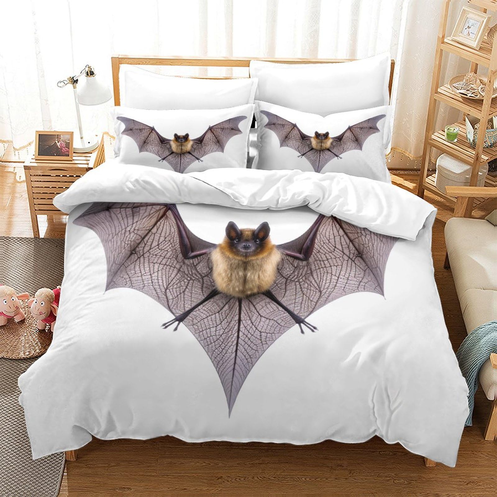 P1S9U7W5Y Realistic Bat 3D Printed Duvet Cover Set 3pcs Microfiber Bat Bedding Set Double
