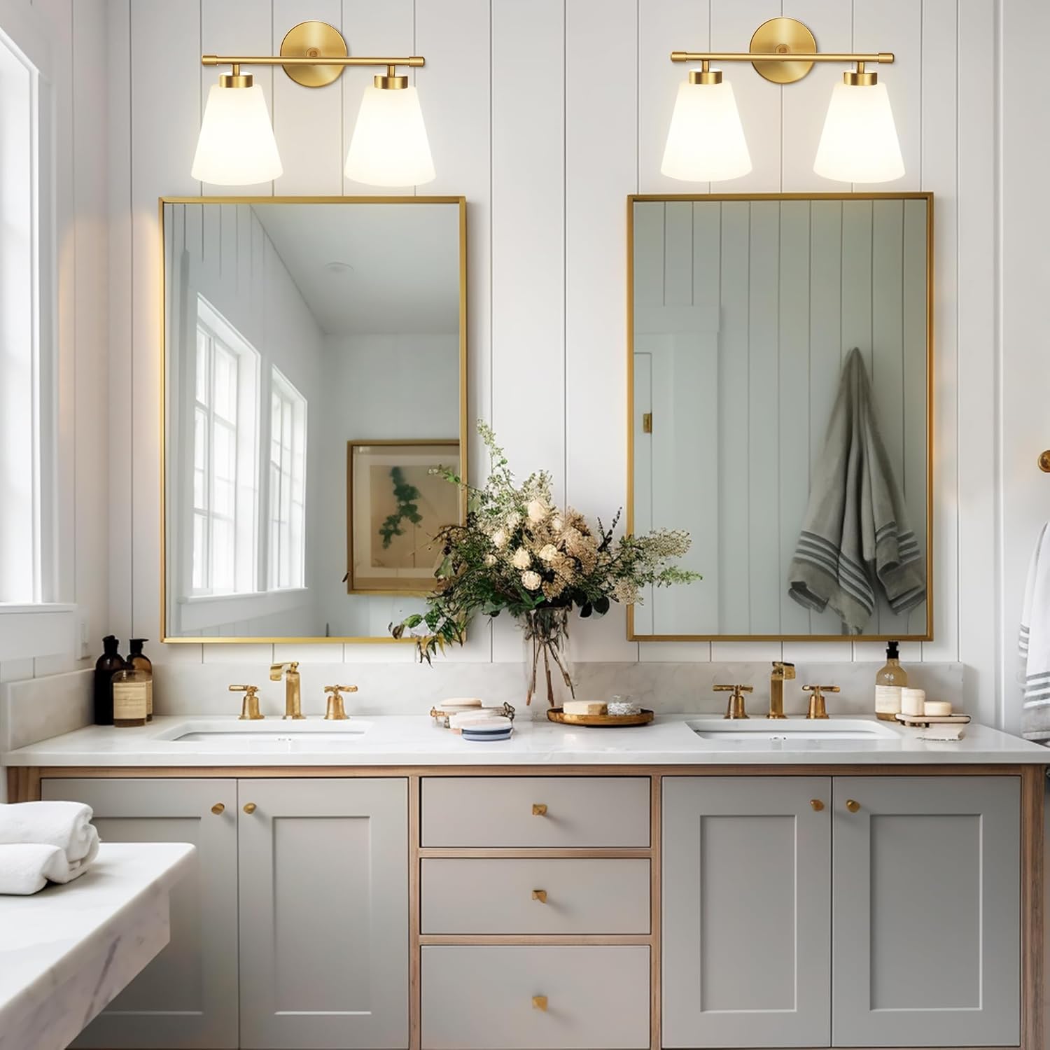 Hamilyeah Gold Bathroom Vanity Light Fixture with Frosted Glass Shade, 2 Light Vanity Lighting Fixture Over Mirror, 2 Bulb Wall Lamps for Bathroom, Restroom, Living Room