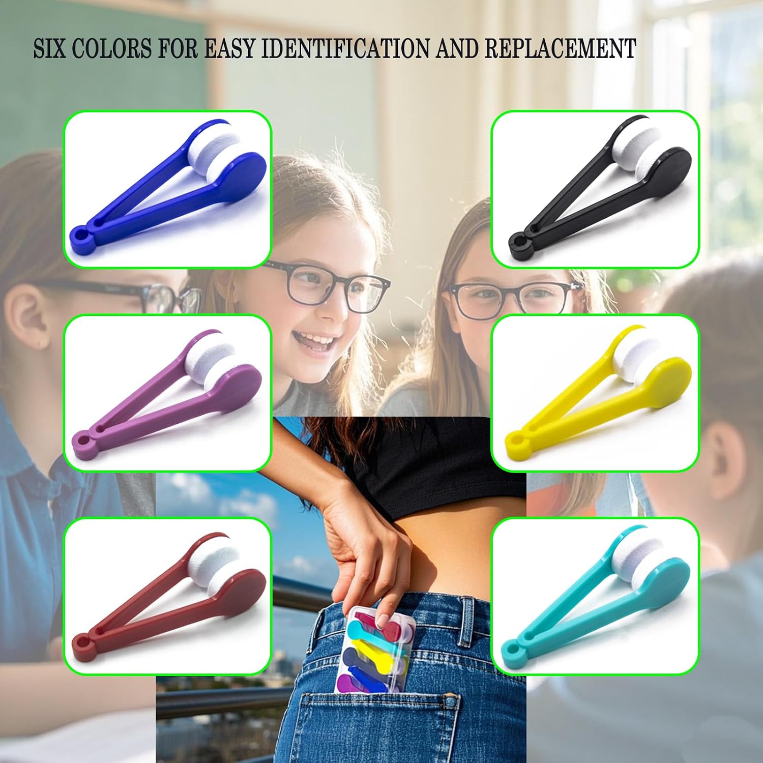 6-Pack Mini Microfiber Eyeglass & Sunglasses Cleaner Tool - Multi-Color, Tweezer Design, Eco-Friendly ABS, Portable with Hanging Hole, Perfect for Eyeglasses, Reading Glasses, and Sunglasses.