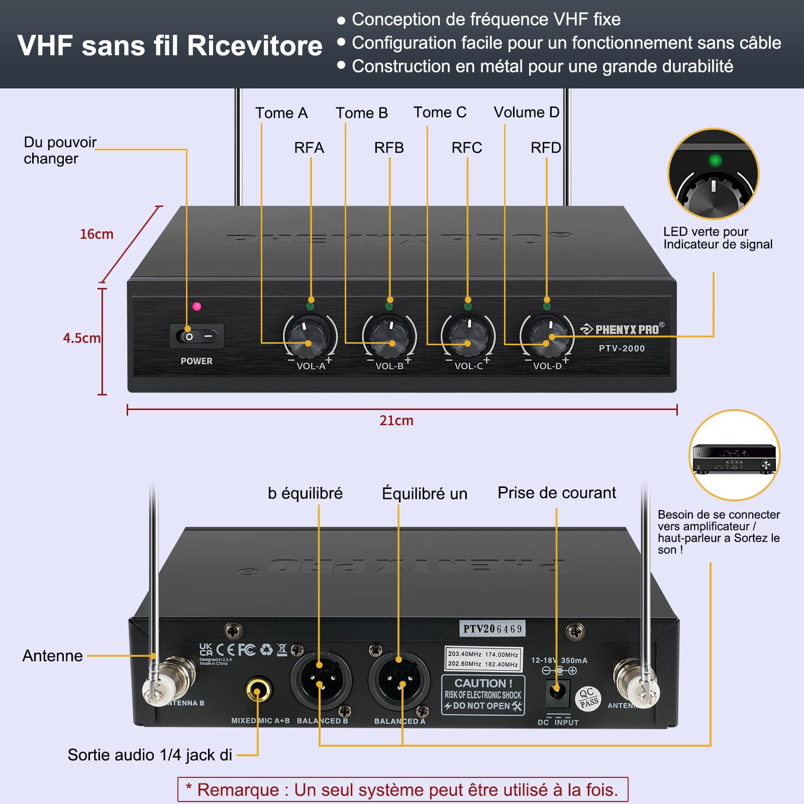 Phenyx Pro Système de Micro sans Fil, micros sans Fil VHF 4 canaux, avec 4 Microphones dynamiques Portables, récepteur en métal, Longue portée, Microphone pour Chanter, karaoké (PTV-2000A)