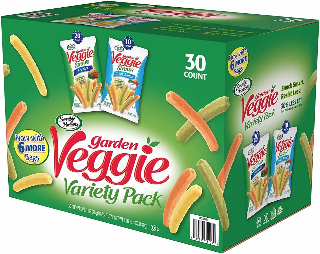 Sensible Portions Garden Veggie Snack Straws Shape Chips Variety Pack, 30 Count