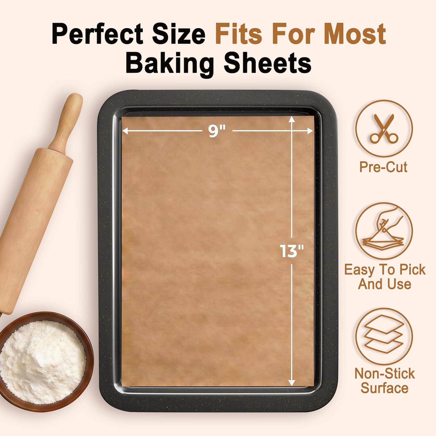 Parchment Paper Sheets, 9x13 Inch Non-Stick Precut Unbleached Parchment Paper for Baking, Grilling, Air Fryer and Steaming, Perfect for Cookies, Bread, Cakes and More, 100PCS