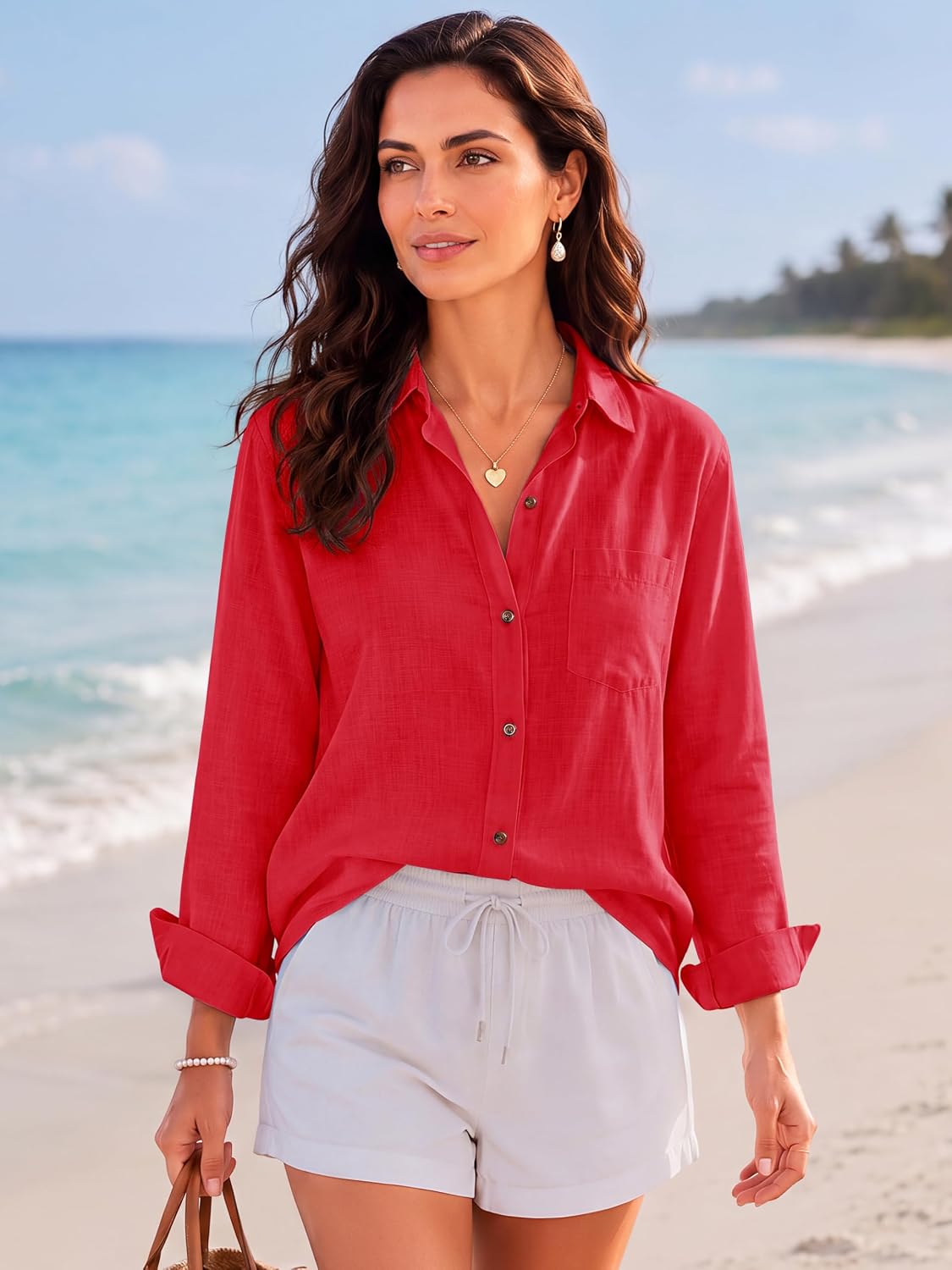 CUNLIN Womens Cotton Linen Shirt Long Sleeve Button Down Collared Blouses Dressy Casual Gauze Tops with Pocket Breathable