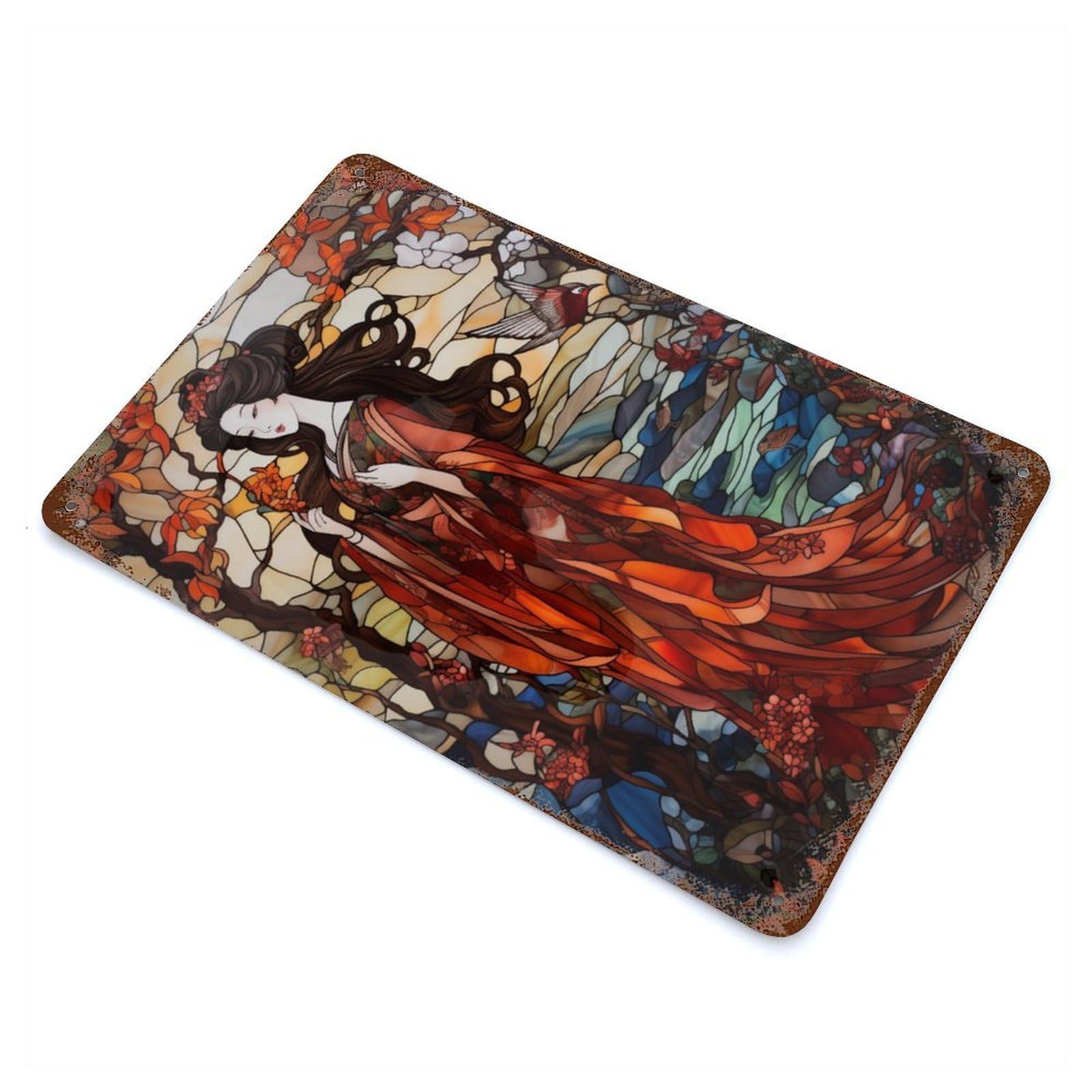 Stained Glass Geisha Rustic Tin Plaque 11.8"x7.9", for Shed, Workshop And Garage Wall Decor, Rustic Home Decor