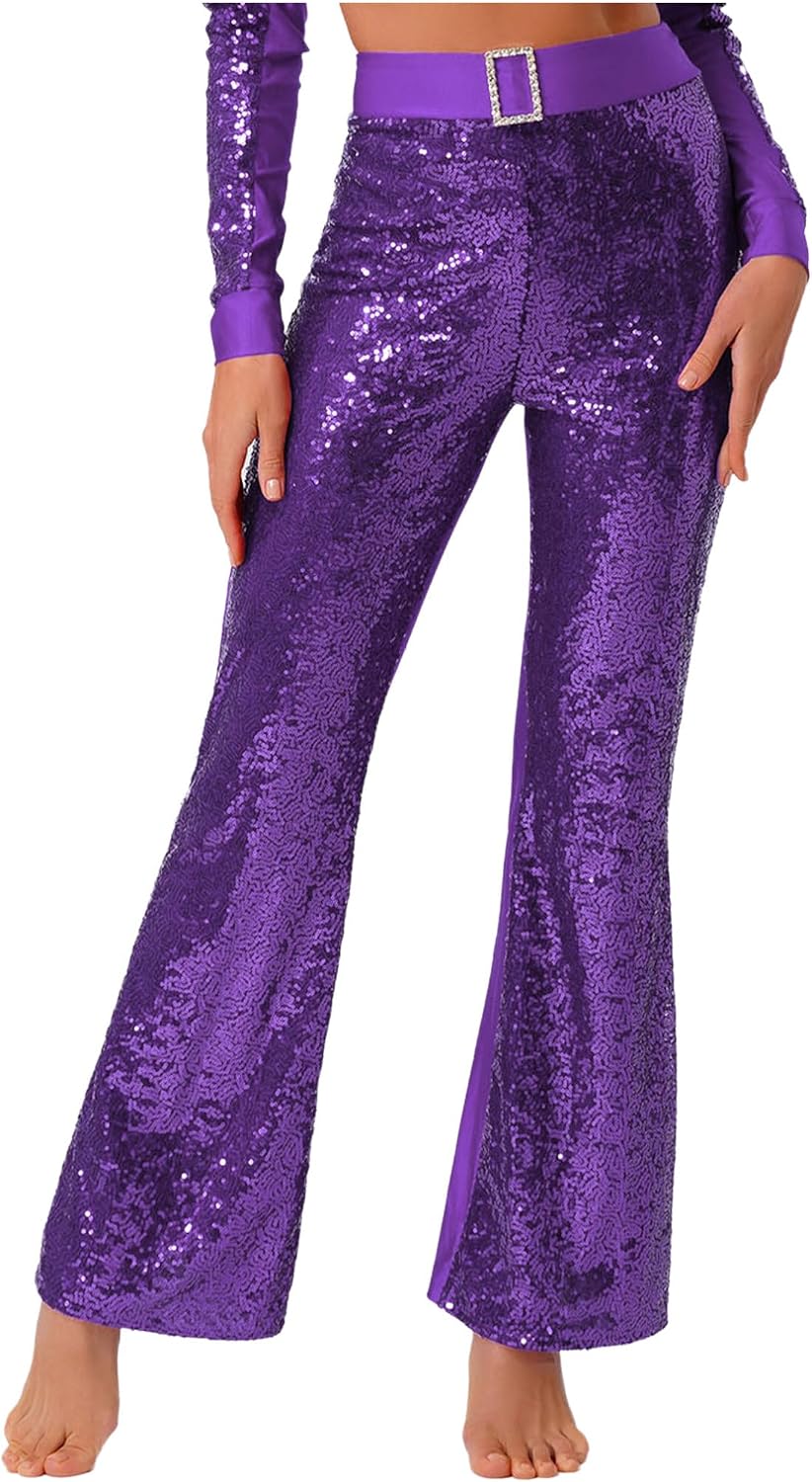 ranrann Sequin Pants Sparke Trouser Glitter Dance Bell Bottoms for Women High Waisted Trousers Disco Party Clubwear