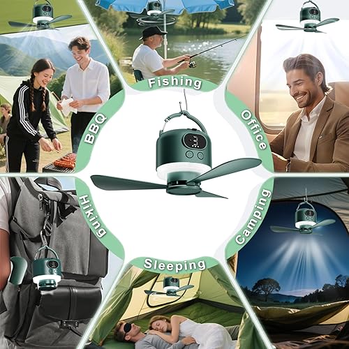 Miniatura 5 de Ventilador de techo portátil inalámbrico con control remoto, diseño de 3 cuchillas, funciona con batería de 10040 mAh, ventilador colgante