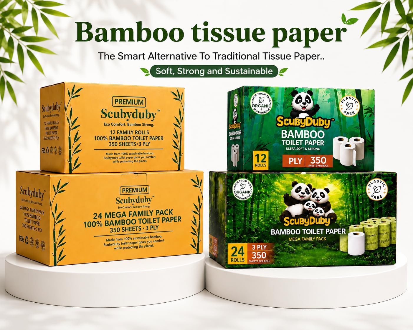 Premium & Soft Bamboo Toilet Paper | PFAS Free | 24 Mega Rolls, 3 ply & 350 Sheets | Non Toxic, Septic Safe, BPA Free | Tree Free Toilet Tissue | Plastic Free Packaging