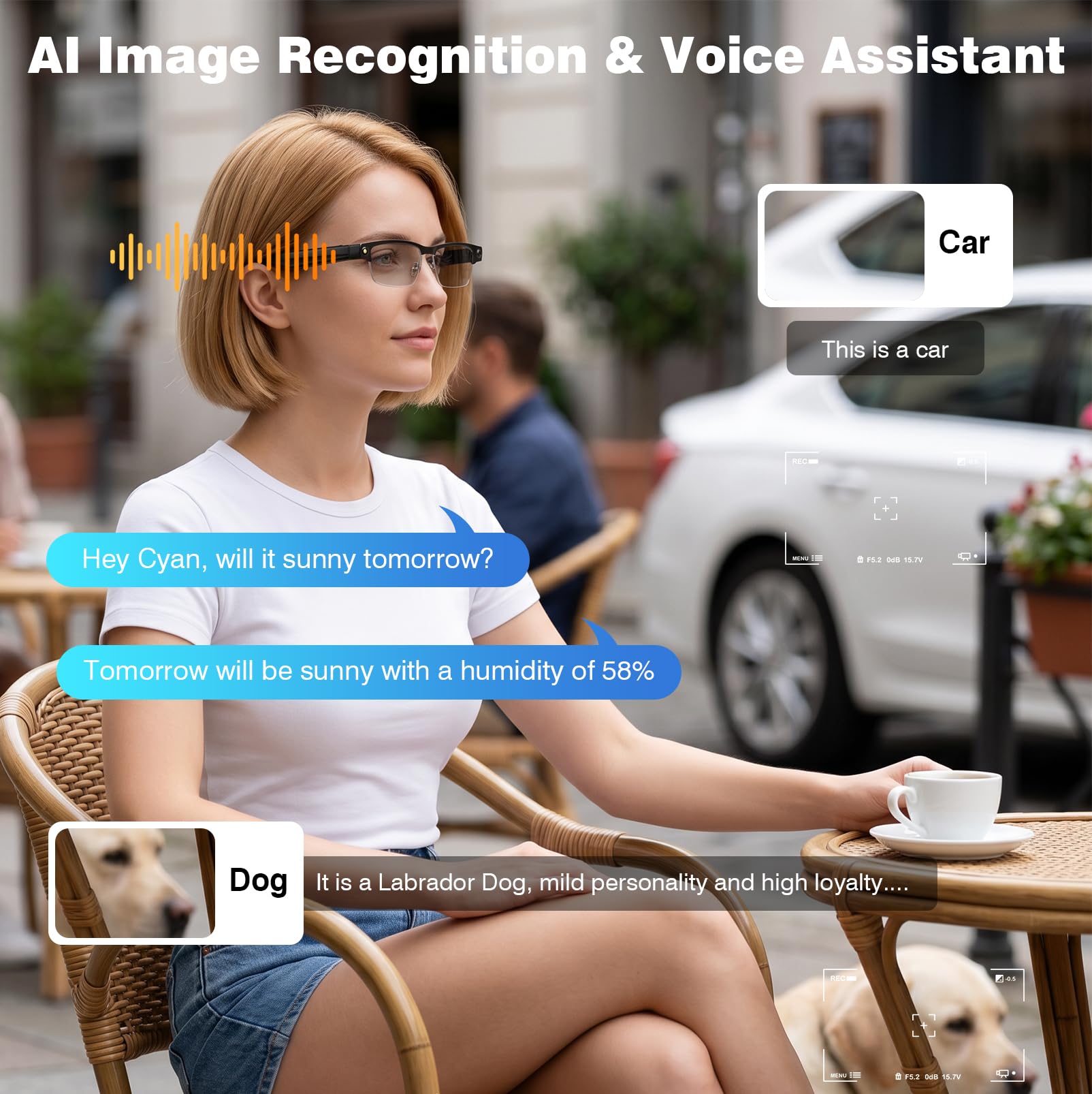 AI Smart Glasses 4K HD-Kamera, 800 W Anti AI Smart Camera Brille, Kamera-Brille mit Videoaufzeichnung, Simultanübersetzung, A-I Objektidentifizierung, ChatGPT Integration, Photochromic Lenses