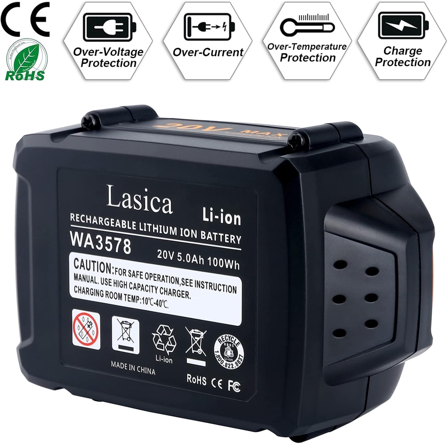 Lasica 2-Pack 20 Volt 5.0Ah WA3578 Replacement for Worx Lawn Mower 20V Battery, Compatible with Worx Battery 20V Power Share Cordless Tools WG543 WX550L WG629 WG547 WX101L Battery WA3575 WA3525 WA3520