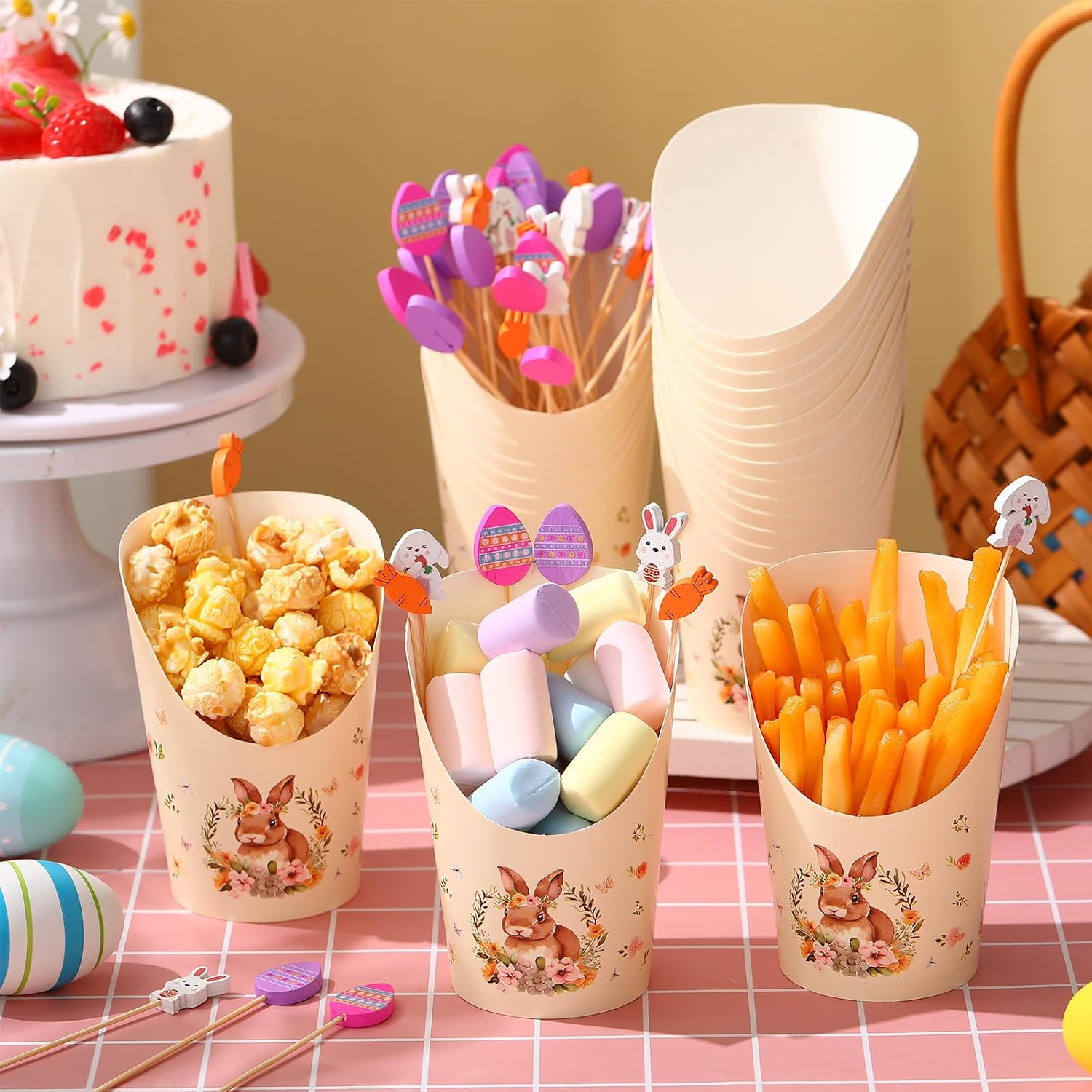 Jingmore 250 Pcs Easter Bunny Charcuterie Snack Cups with Sticks Include 50 Pcs 14 oz Easter Party Paper Appetizer Cups 200 Pcs Bunny Egg Carrot Cocktail Pick for Fruit(Rabbit)