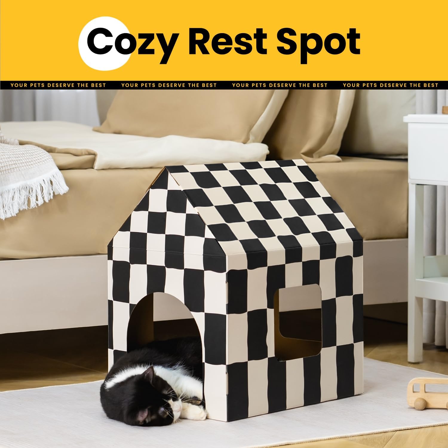 Conlun Cardboard Cat House with Scratch Pad & Catnip, Cat Play Scratching House for Indoor Hideaway Furniture, Heavy Duty Sturdy Cardboard Scratcher, Easy to Assemble Birthday Gift, Large