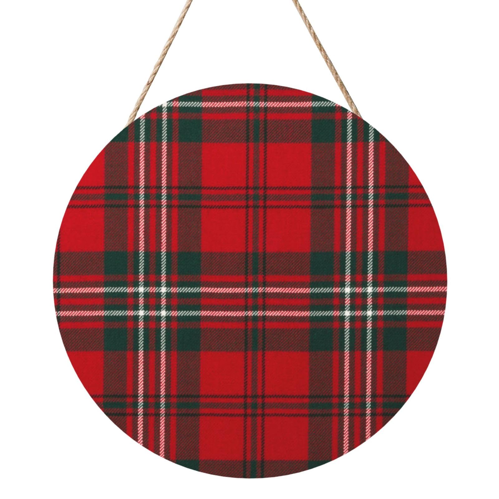 InOmak Red Scottish Plaid, Round Wood Panel Painting 12 in, Wall Hanging Painting For Home