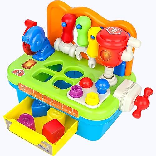 Miniatura 6 de Cinne Juego de herramientas para niños pequeños de 1 a 2 años, juguetes para regalos de niño de 1 año, banco de trabajo para bebés con luz y sonido,