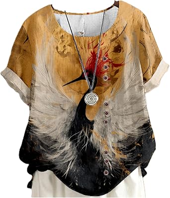 domirica Cotton Linen Tops for Women Flower Print Casual Summer Short Sleeve Shirts Retro Flowy Fit and Flare Blouses