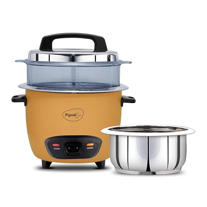Pigeon Inox Pro Rice Cooker with Steamer, 1.8 litres | Stainless Steel Lid | 700 Watts | 1 Steel Cooking Pot | Measuring Cup | Spatula | Energy Efficient Cooking (Yellow)
