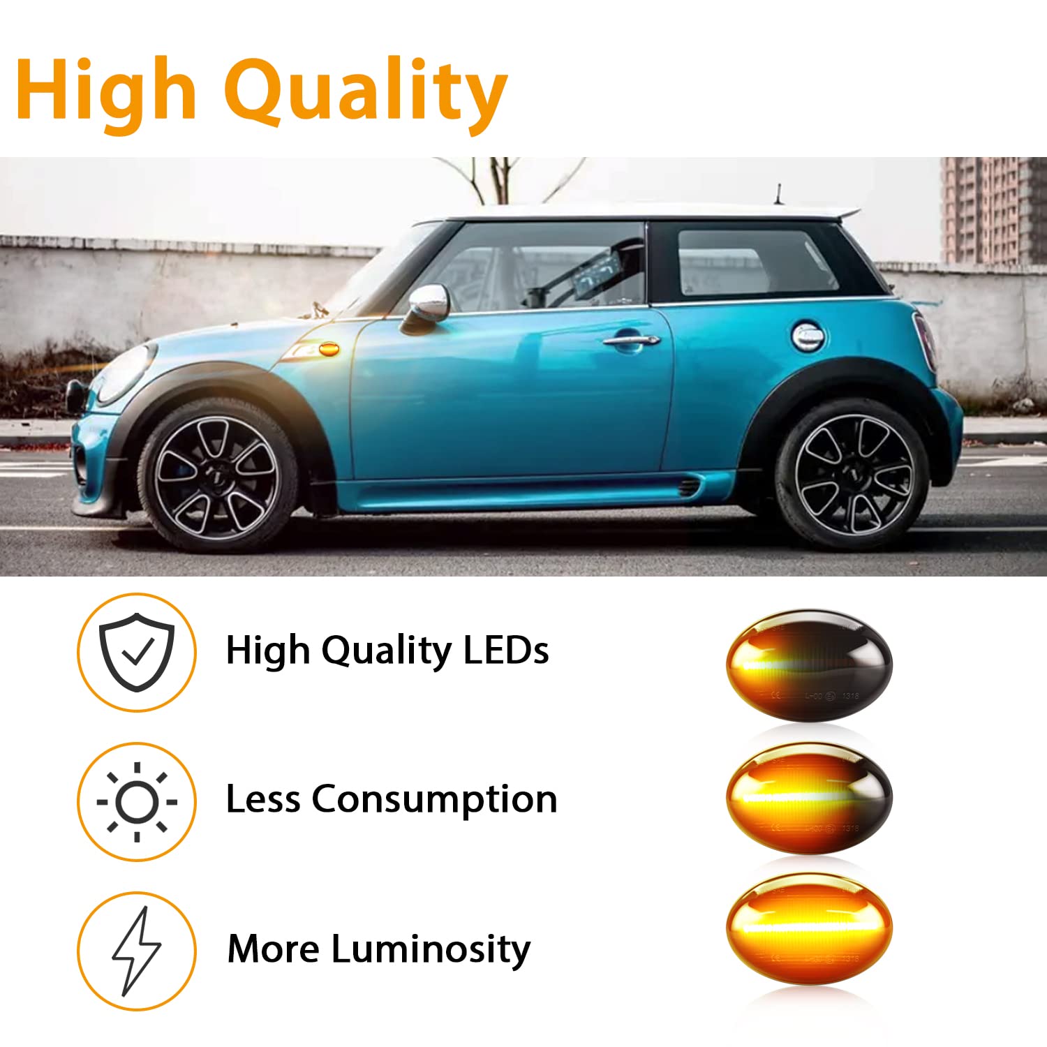 TECTICO LED Clignotant Dynamique Latéral SMD Ambre Jaune Brillant Canbus 12V Feux de Fumée de Voiture Compatible avec BMW Mini Cooper R56 R57 R58 R59, 2 Lampes