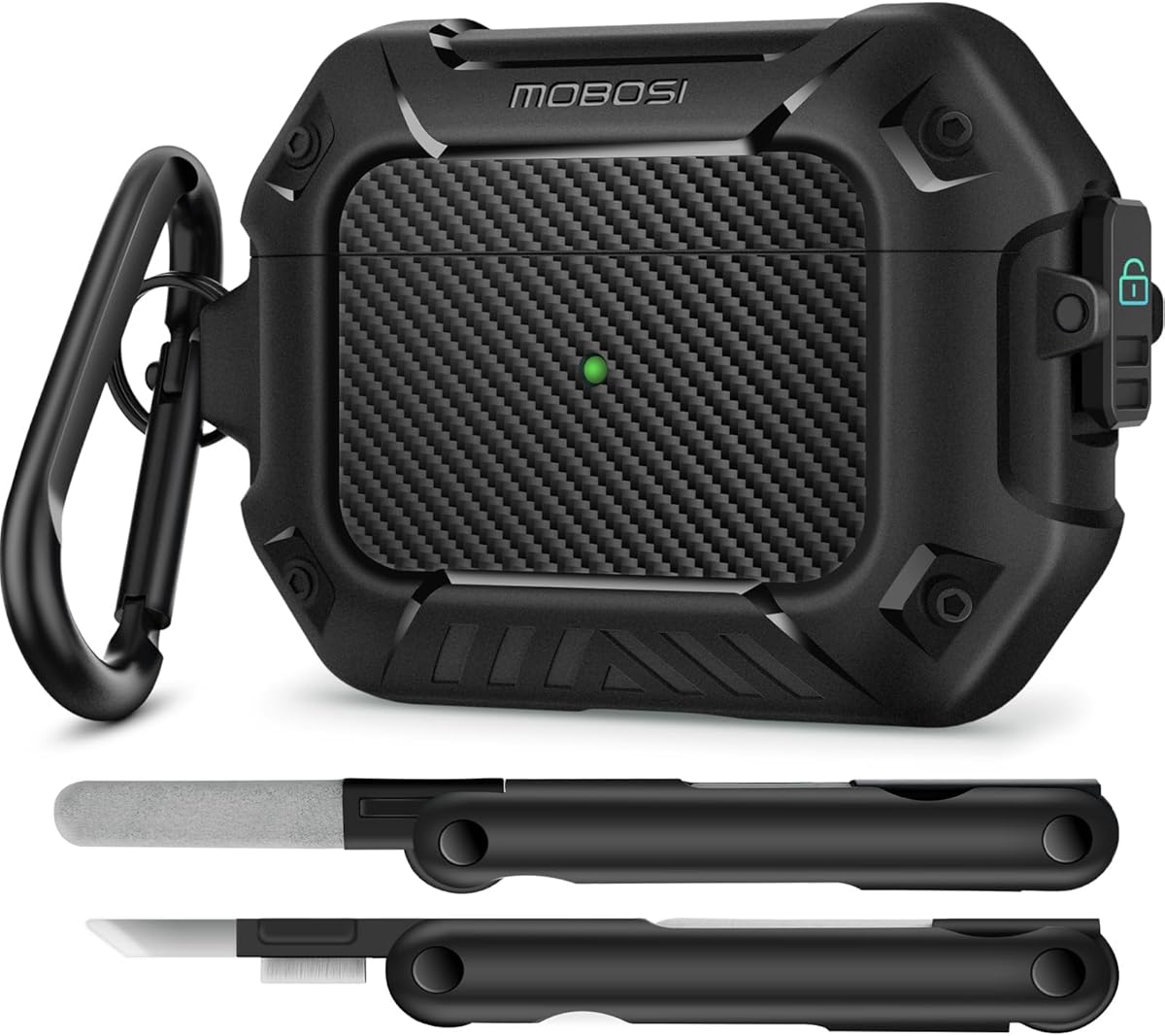 MOBOSI for AirPod Pro Case with Cleaner Kit, Compatible with Airpods Pro 2 Case Cover 1st/2nd Generation with Lock & Keychain, Full Body Shockproof Protective Case (2023/2022/2019), Black
