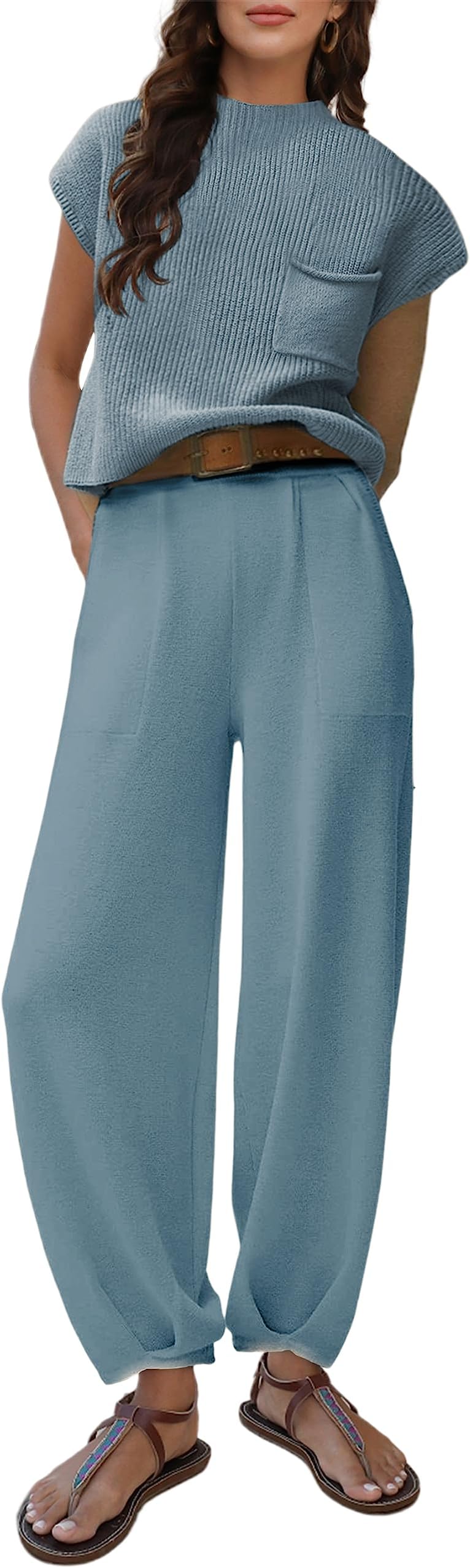 AiloqingWomens 2 Piece Outfits Sweater Sets Knit Pullover Tops High Waisted Pants Lounge Sets