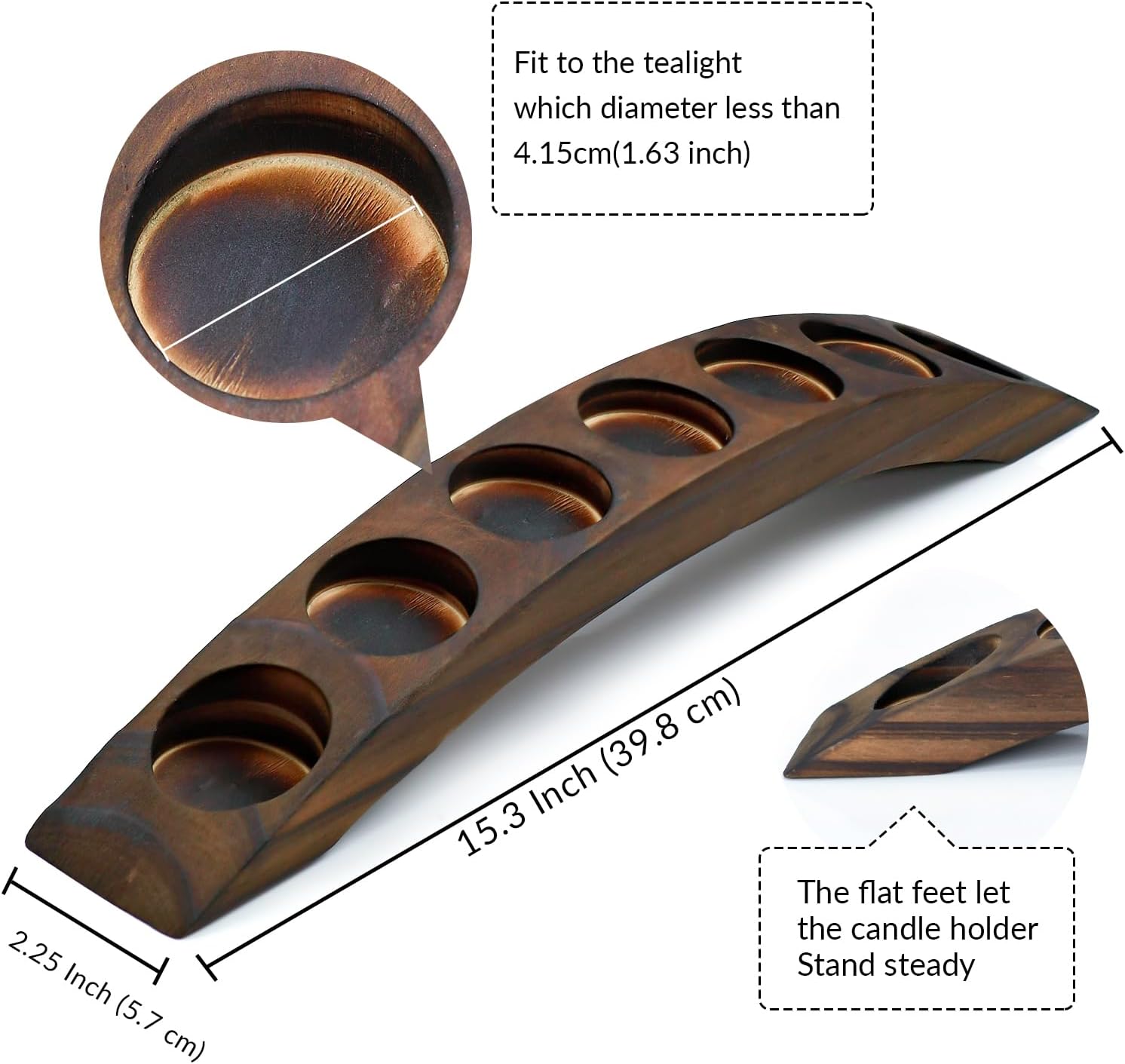 7-Candle Wooden Bridge Tealight Holder Bar, Rustic Tone, 15 Inches Long