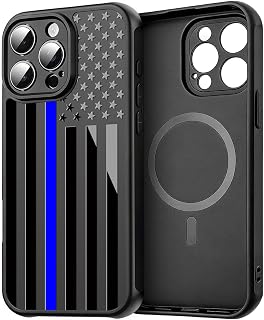 Magnetic Charging Case for iPhone 15 Pro Max 6.7" American Flag US USA Thin Blue Line Patriotic Design Print [Compatible with MagSafe] Protective Unique Cool Aesthetic Pattern Matte Black TPU
