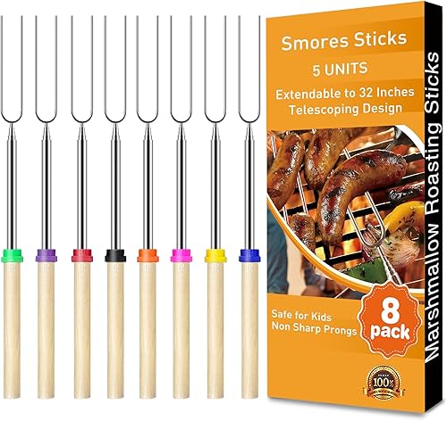 Miniatura 9 de HOOPLE Palitos para asar malvaviscos de 32 pulgadas con bolsa de lona, accesorios de campamento para pincho Smores. Tenedores extensibles de acero