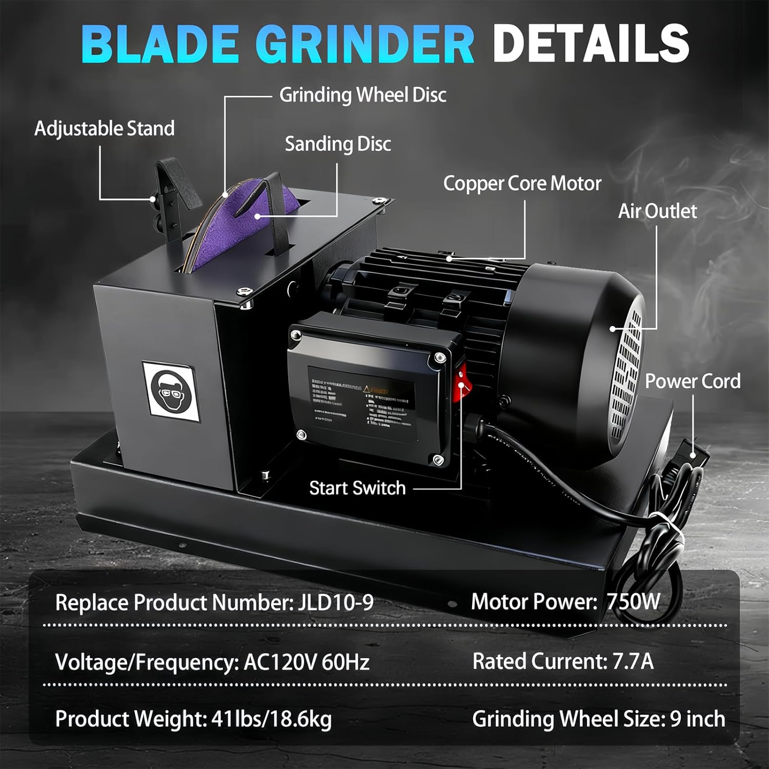 Lawn Mower Blade Sharpener, 1HP 750W Lawn mower Blade Grinder with 9-inch Ceramic Grinding Wheel and 36 Grit & 60 Grit Sanding Disc for High/Low Lift Blades, Gator Blades, Flat Blades Replace JLD10-8