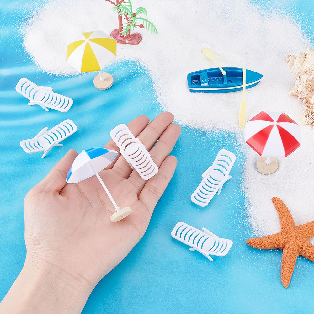 HOBBIESAY 6Pcs Tiny Beach Umbrella Decor 6Pcs Mini Beach Chair Model 1 Set Mini Boat Miniature Beach Lounger DIY Accessaries for Yard Garden Swimming Pool Furniture Craft Prop Home Decor - Image 3