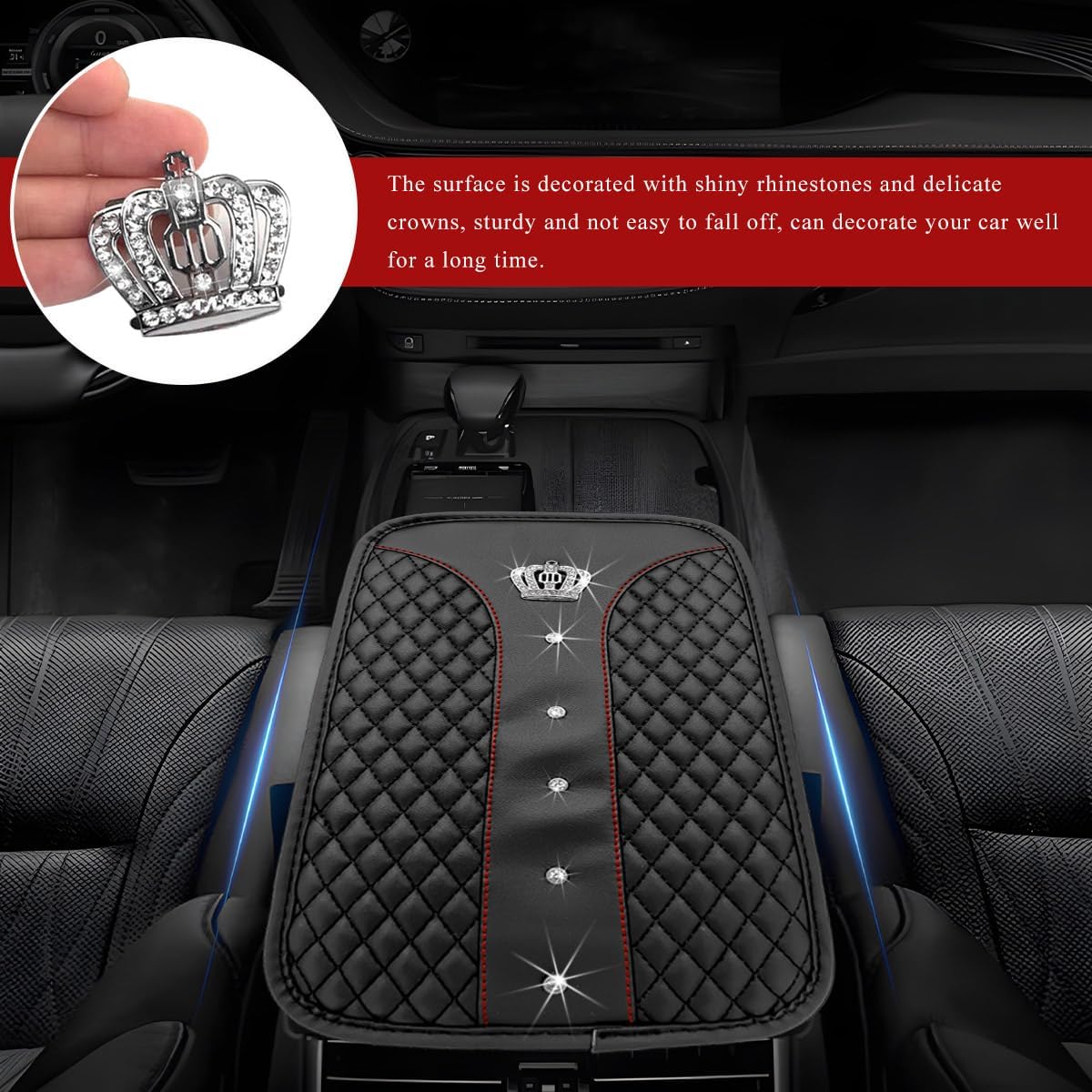 Bling Leather Car Center Console Cover, Anti-Slip Crown Armrest Seat Box Cushion Pad with Rhinestones, Waterproof Crystal Arm Rest Protector Interior Decor for Most Vehicles (Black) image 5